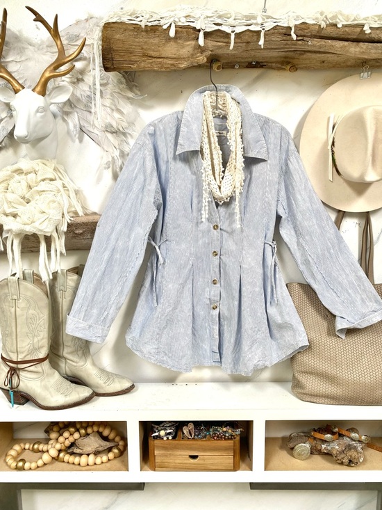 Free People Marten Oxford Stripe tie dye rustic vibe blouse w Tie-Back - Picture 2 of 14